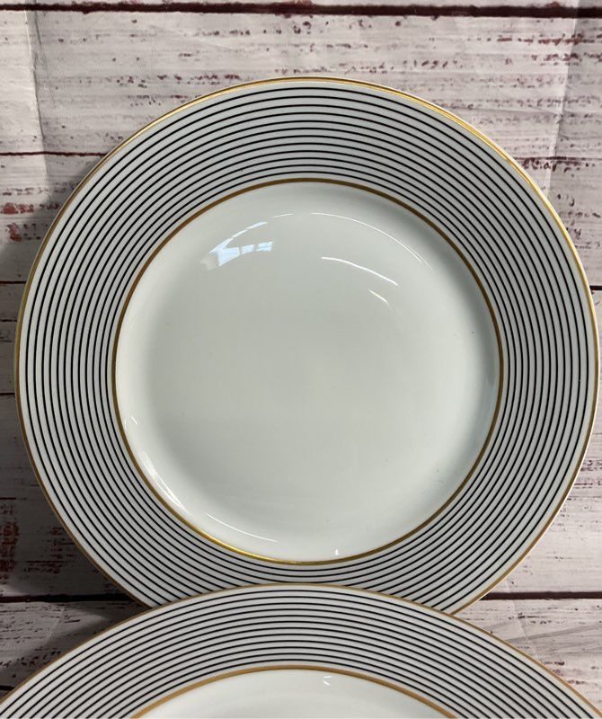 Set Of 3 Raynaud Ceralene Limoges Crinoline Black Dinner Plate White Gold 9"