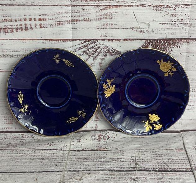 Bareuther Waldsassen Echt Vintage 22K Gold Germany Set of 4 Saucers Cobalt