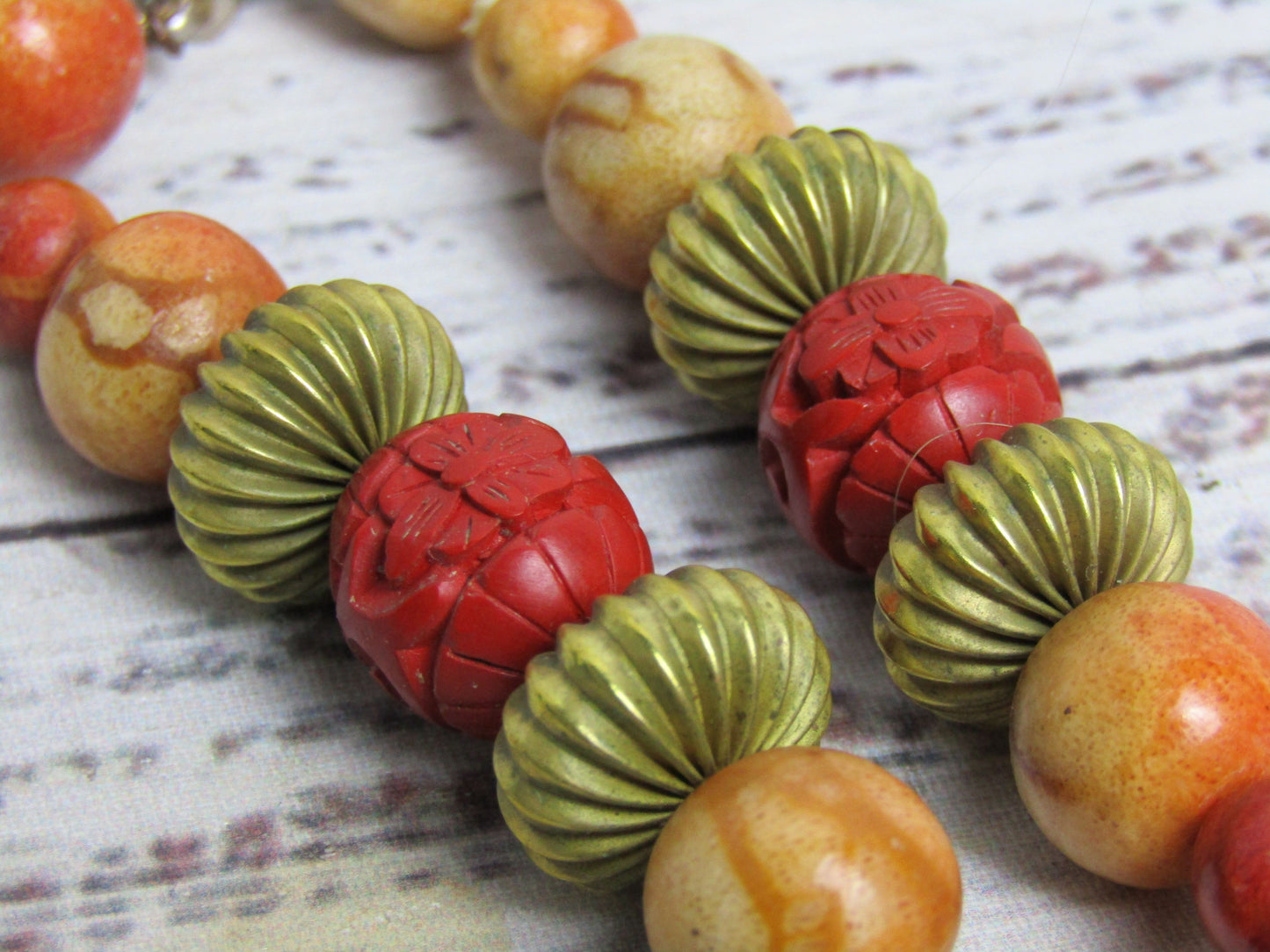 Artisan Handcrafted Apple Sponge Coral Floral Cinnabar Bead Necklace