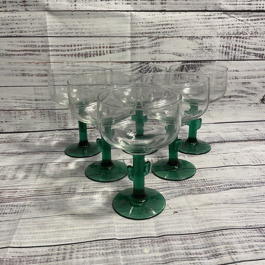 Libbey Glass 6.5" Cactus Shaped Green Stem 16 Oz Margarita Glasses Set of 5