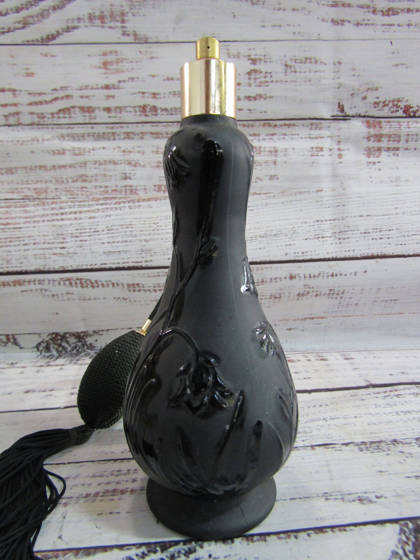 Floral Embossed Black Glass Perfume Atomizer