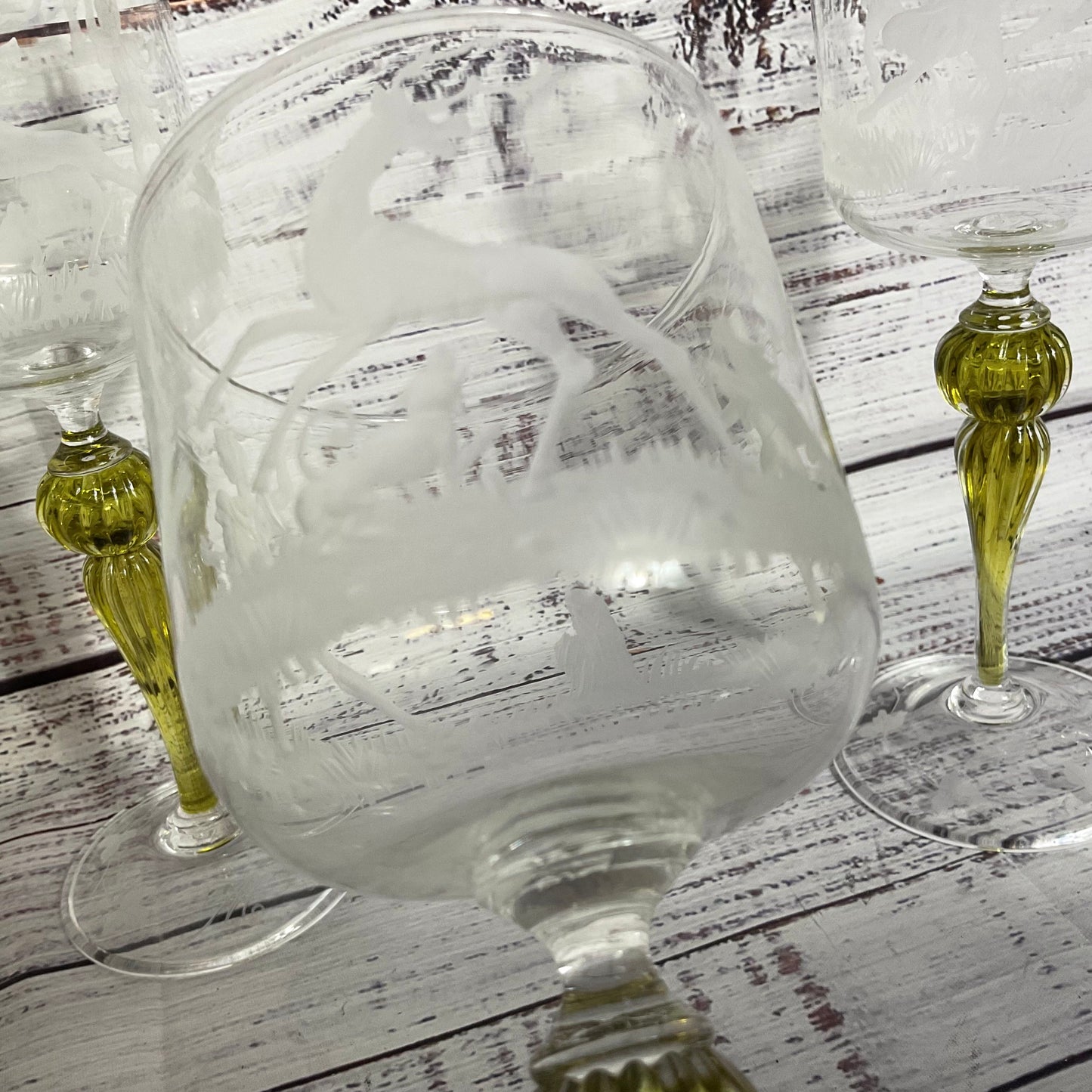 Set of 4 VTG./ANTIQUE SALVIATI Italy Murano Long Stem Etched Wine Glassware- 8"