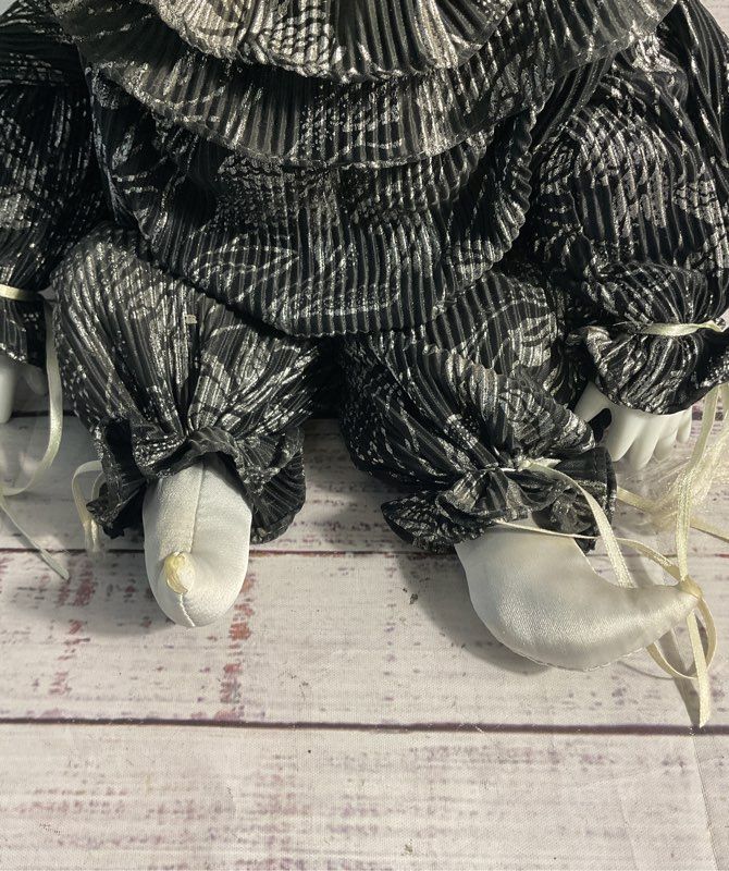 Vintage Porcelain Clown Doll Harlequin Floral Cheeks Black Silver Attire 17"