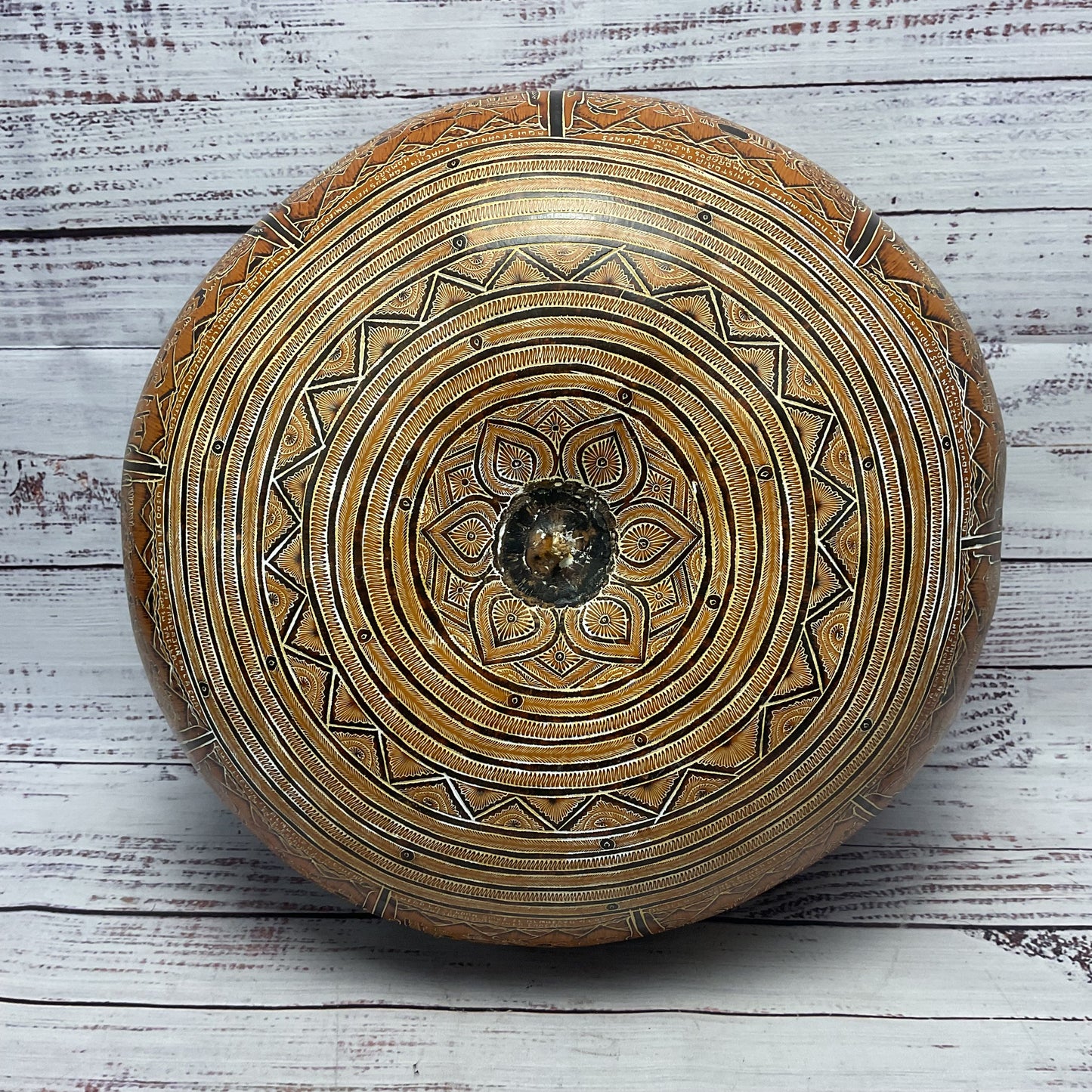 Peruvian Hand Carved Colored Pictorial Gourd Large 12.5"