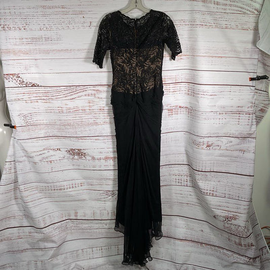 Tadashi Shoji Paillette Black Lace & Tulle S/S Gown Maxi Dress w/ Slip Size 0