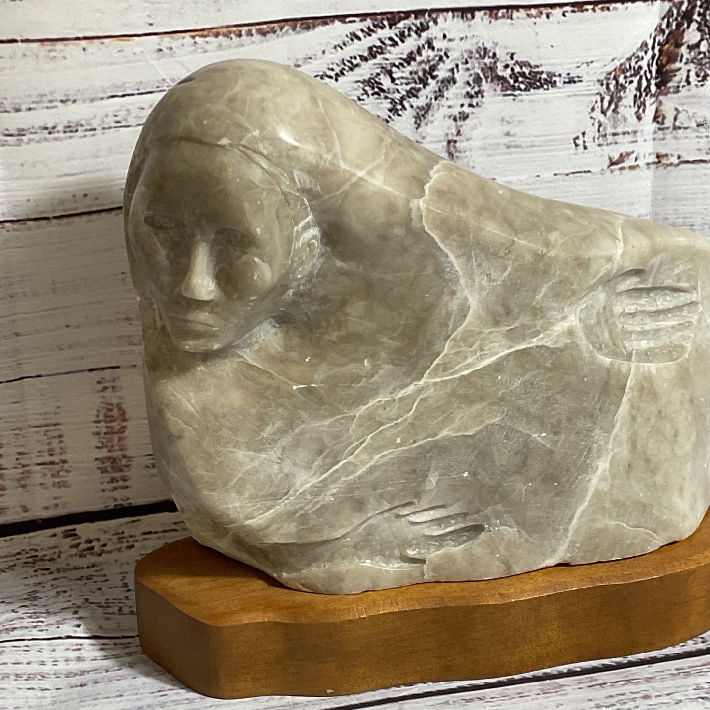 Signed 1991 EDISON TOM Woman Figural Soapstone Sculpture- 9.5" x 7"