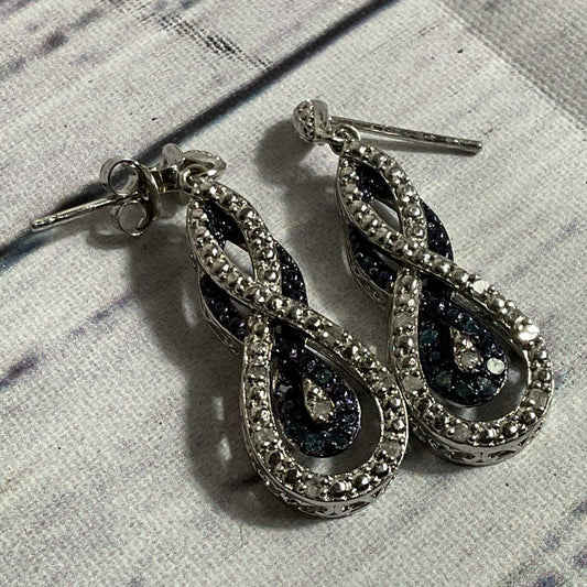 VTG. FAS Silver Time Diamond & Sapphire Accent Dangle Earrings- 1.25"