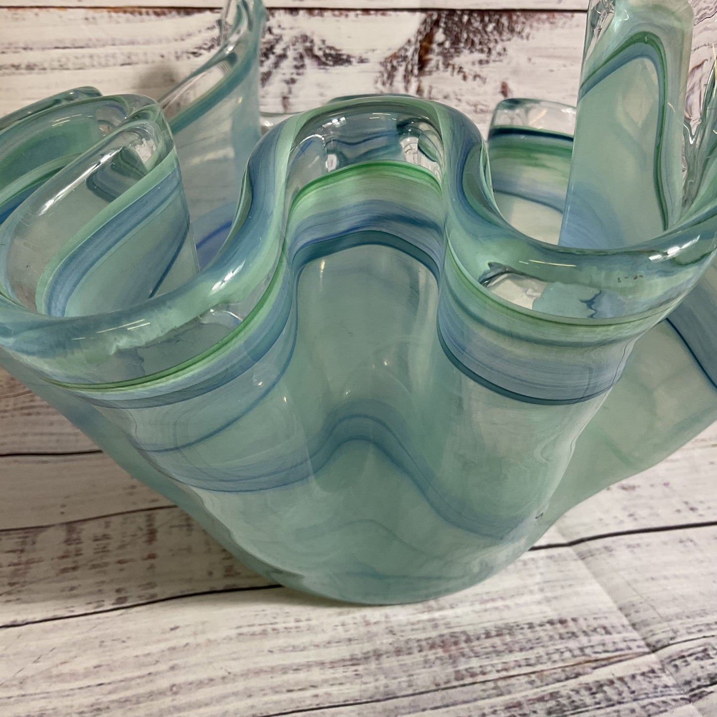 MURANO Style Handkerchief Blue Green Swirl Art Glass Bowl- 12" x 7.75"
