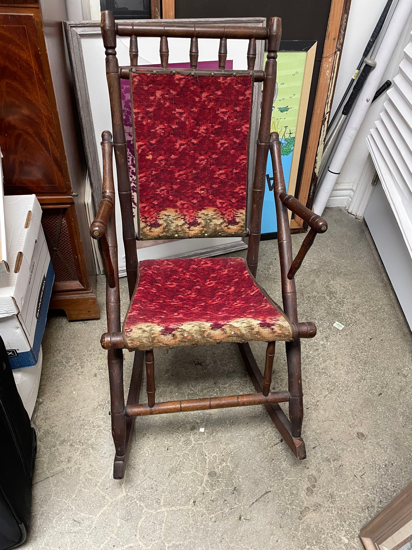 ANTIQUE Victorian Velvet Fabric Wood Rocking Chair