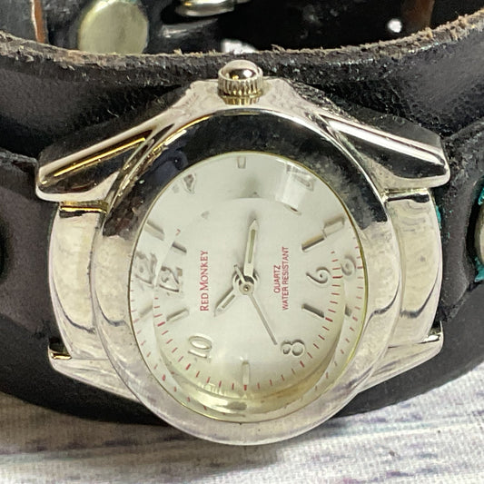 RED MONKEY Designs Women's Black Leather Wide Band Watch- NEEDS BATTERY