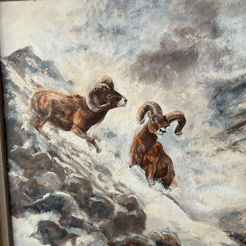 1991 Rich Pelletreau Painting of Two Bighorn Sheep on a Snowy Peak 36" Framed