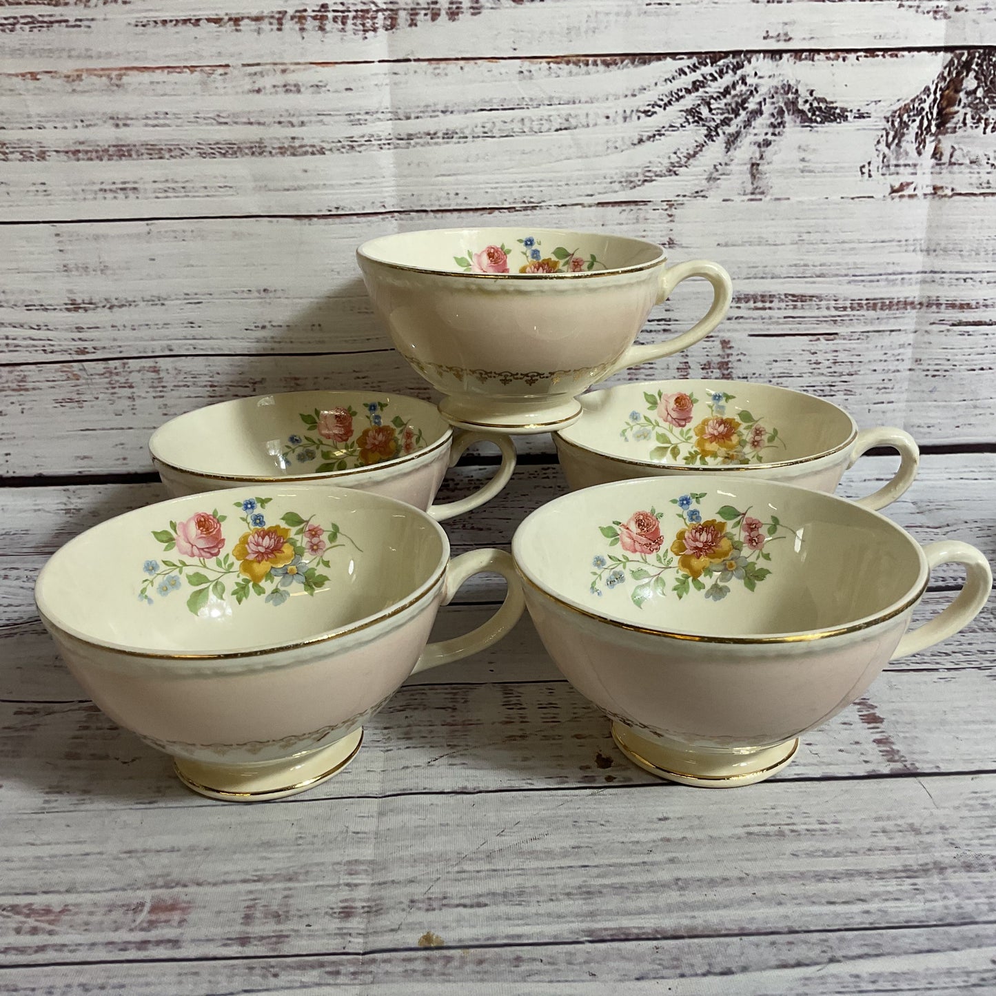 HOMER LAUGHLIN Eggshell Marilyn Pink Georgian 4" Teacups- Set of 5