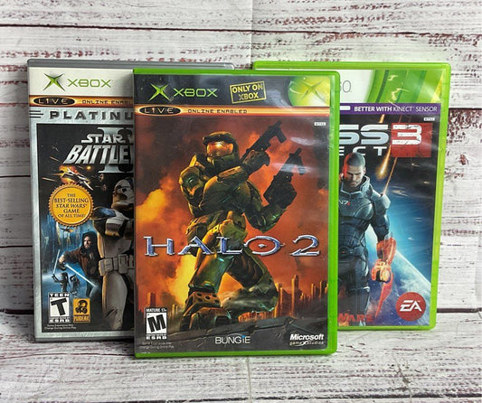 Microsoft XBox 360 Lot of 3 Halo 2 Star Wars Battlefield Mass Effect Video Games