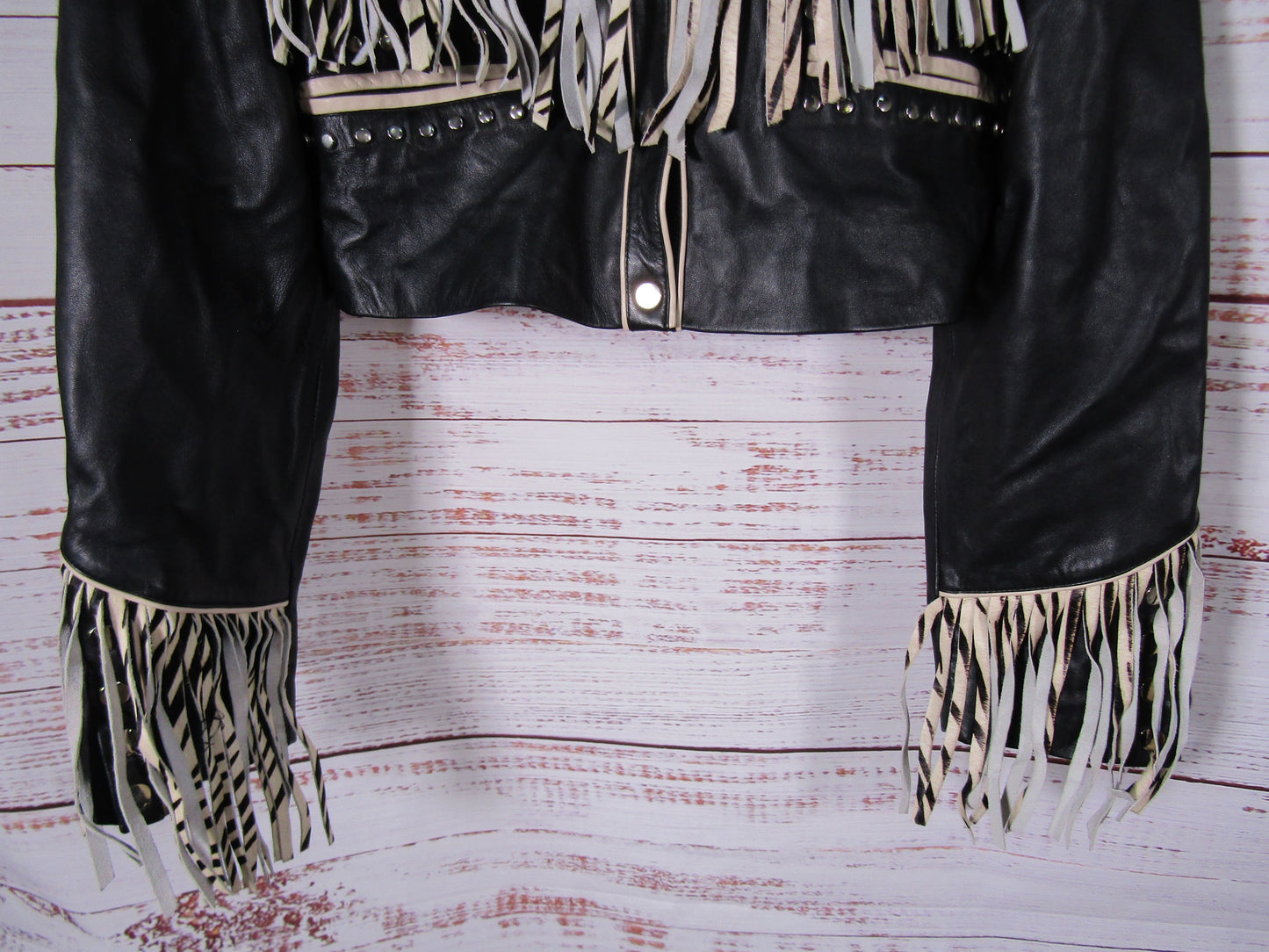 Nasty Gal Women's Black Leather Zebra Fringe Crop Jacket Size 10