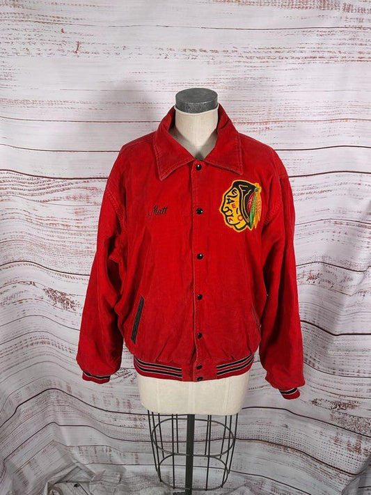 Vintage Rennoc Chiefs Hockey Logo Red Corduroy Snap Varsity Jacket Size XL 48
