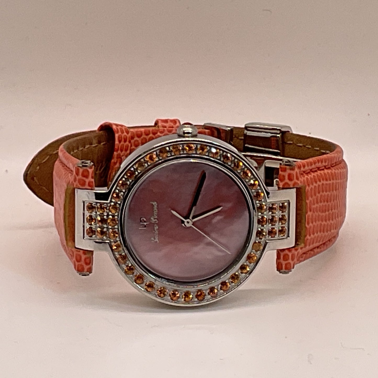 LUCIEN PICCARD Women's Stainless Steel Rhinestone Orange Leather Band Watch
