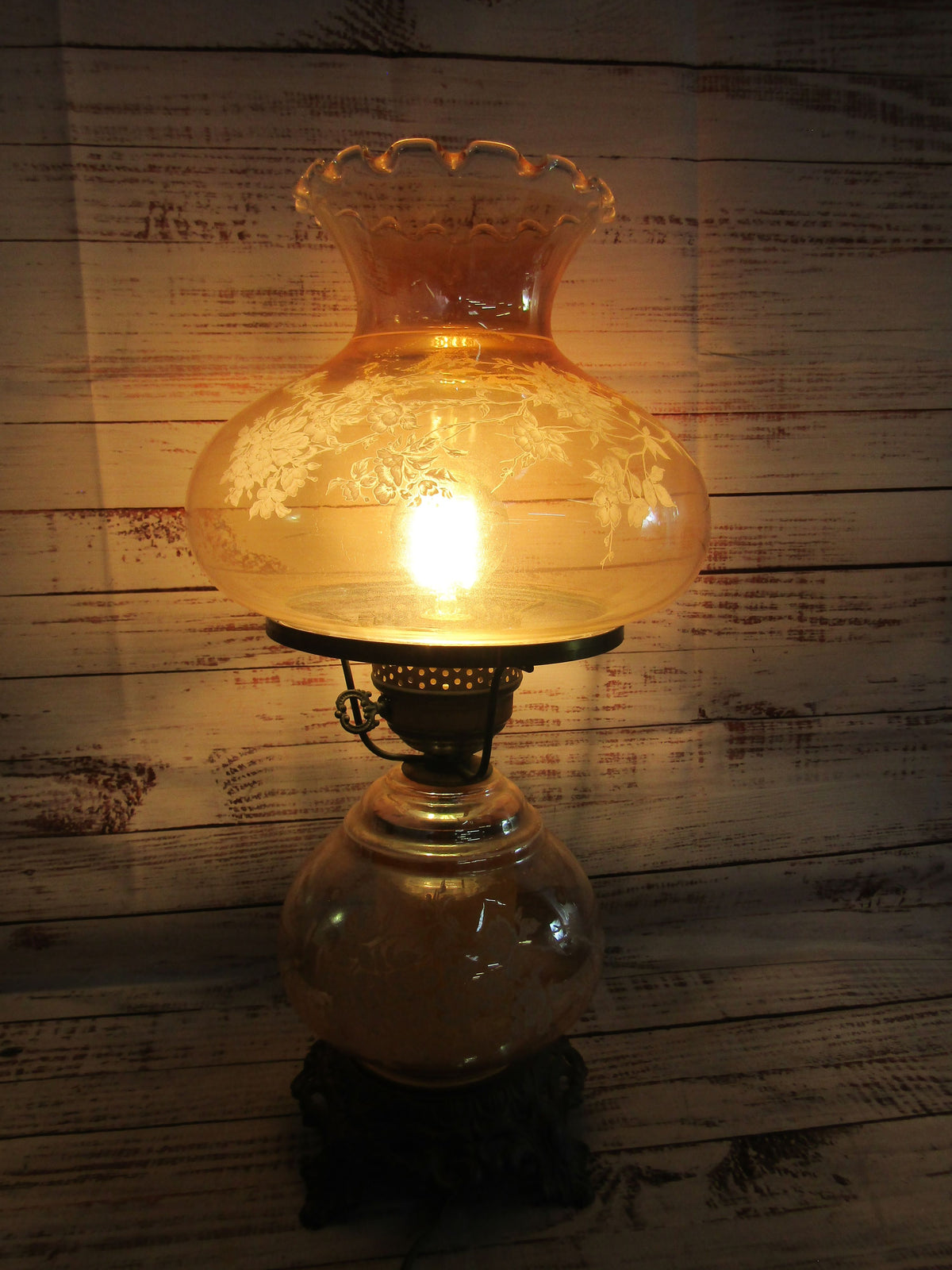 Antique Repurposed Ornate Floral Etched Hurricane Lamp