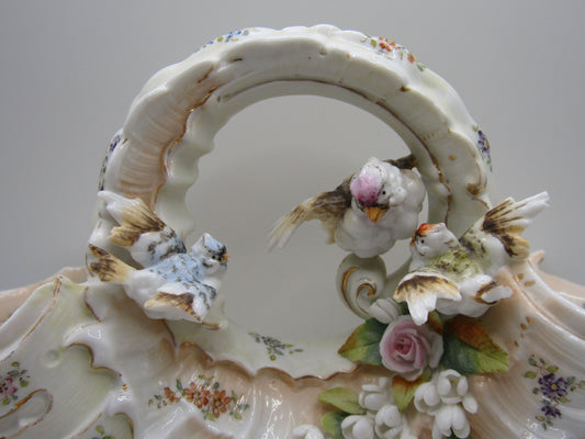 Antique Volkstedt Porcelain Conch Bird Motif Basket Made in Thuringia, Germany