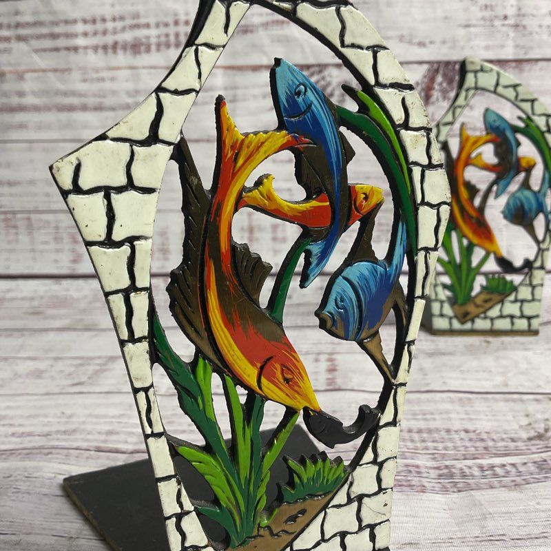 Brass & Enamel Fish Swimming 6" Bookend Set Made In Israel