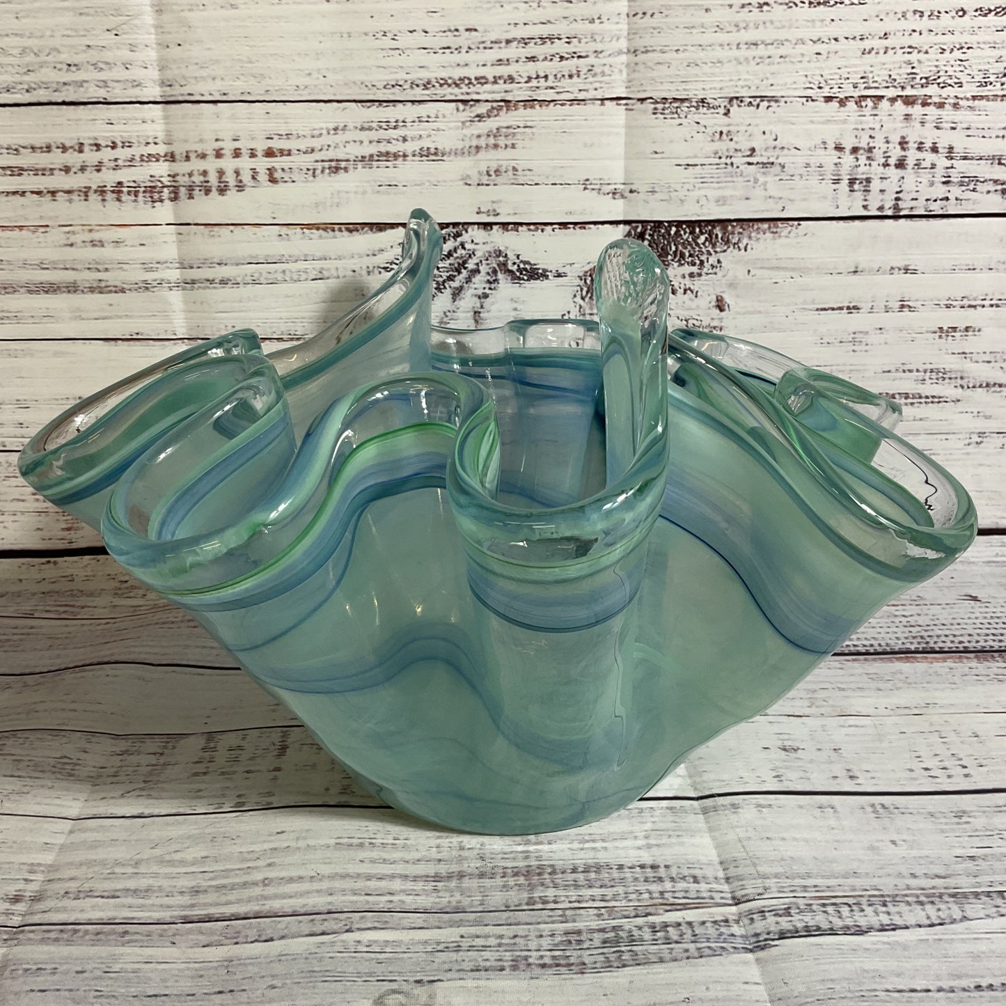 MURANO Style Handkerchief Blue Green Swirl Art Glass Bowl- 12" x 7.75"