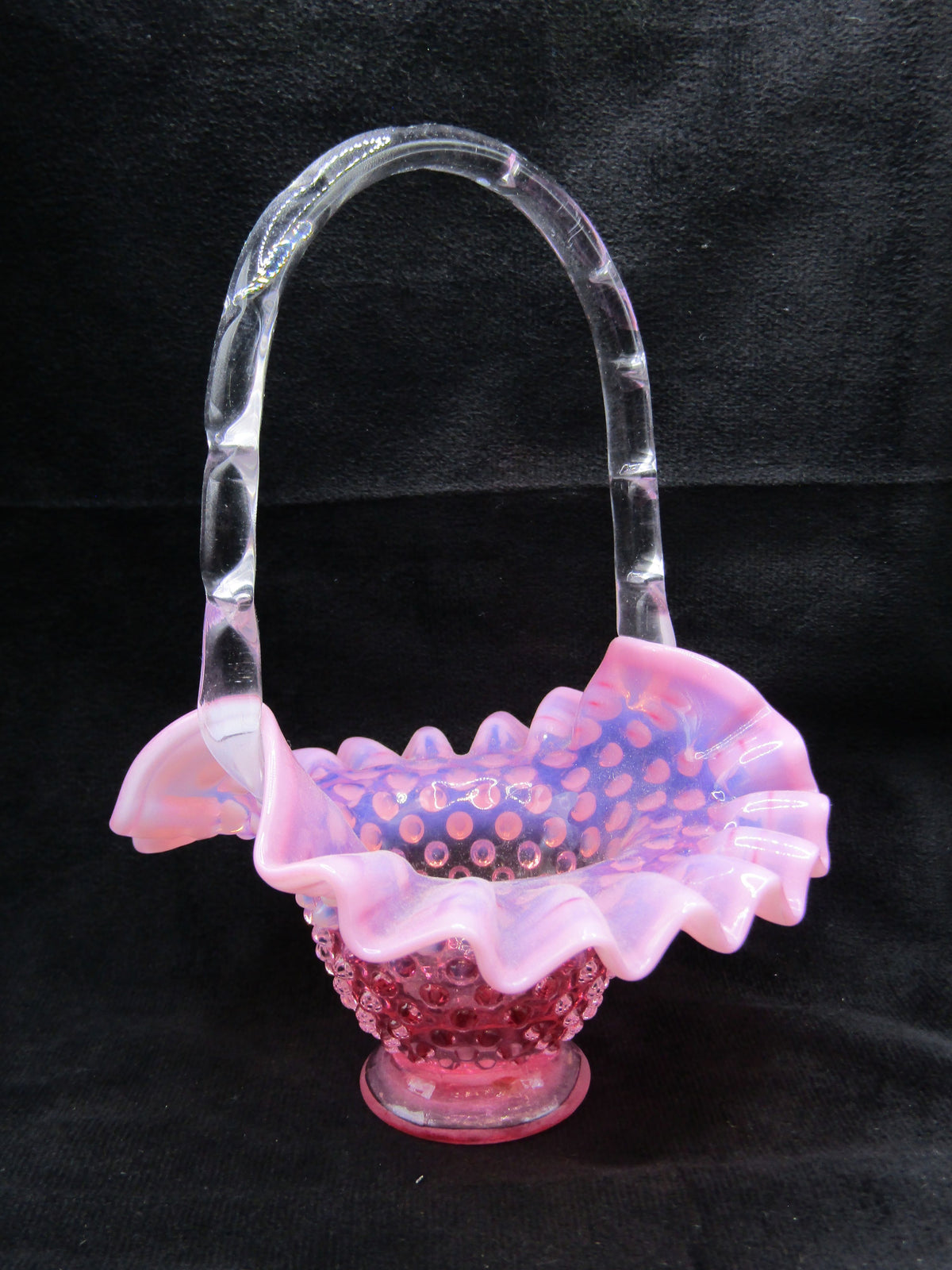 Vintage Hand Blown Pink Studded Glass Basket Figurine