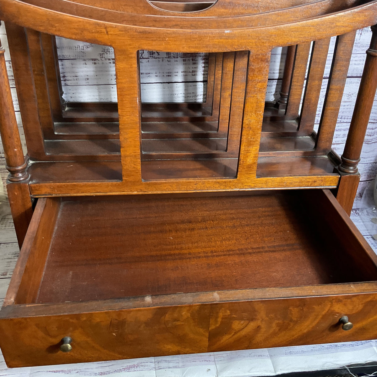 ANTIQUE Eng. Canterbury Mahogany Magazine Rack with Drawer- 20" x 19.5" x 13.75"