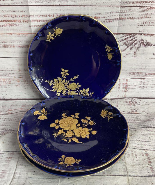 Bareuther Waldsassen Echt Vintage 22K Gold Germany Lot of 3 Salad Plates Cobalt