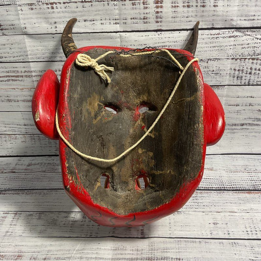 Vintage Wooden Hand Carved And Painted Red Diablo Mask Art W/ Real Animal Horns