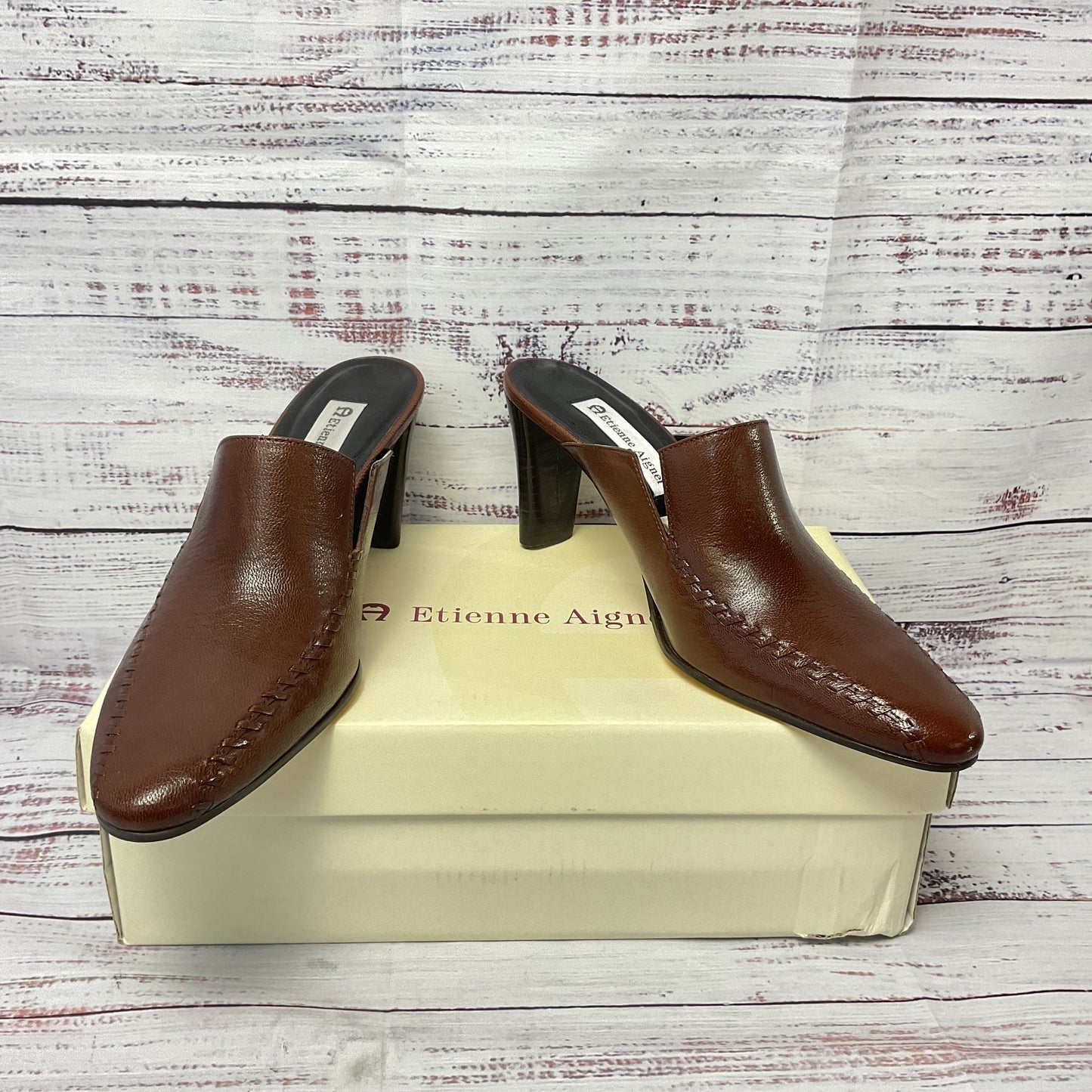 Etienne Aigner Brown Leather Mule Slip on Heel Women Size 8.5 New