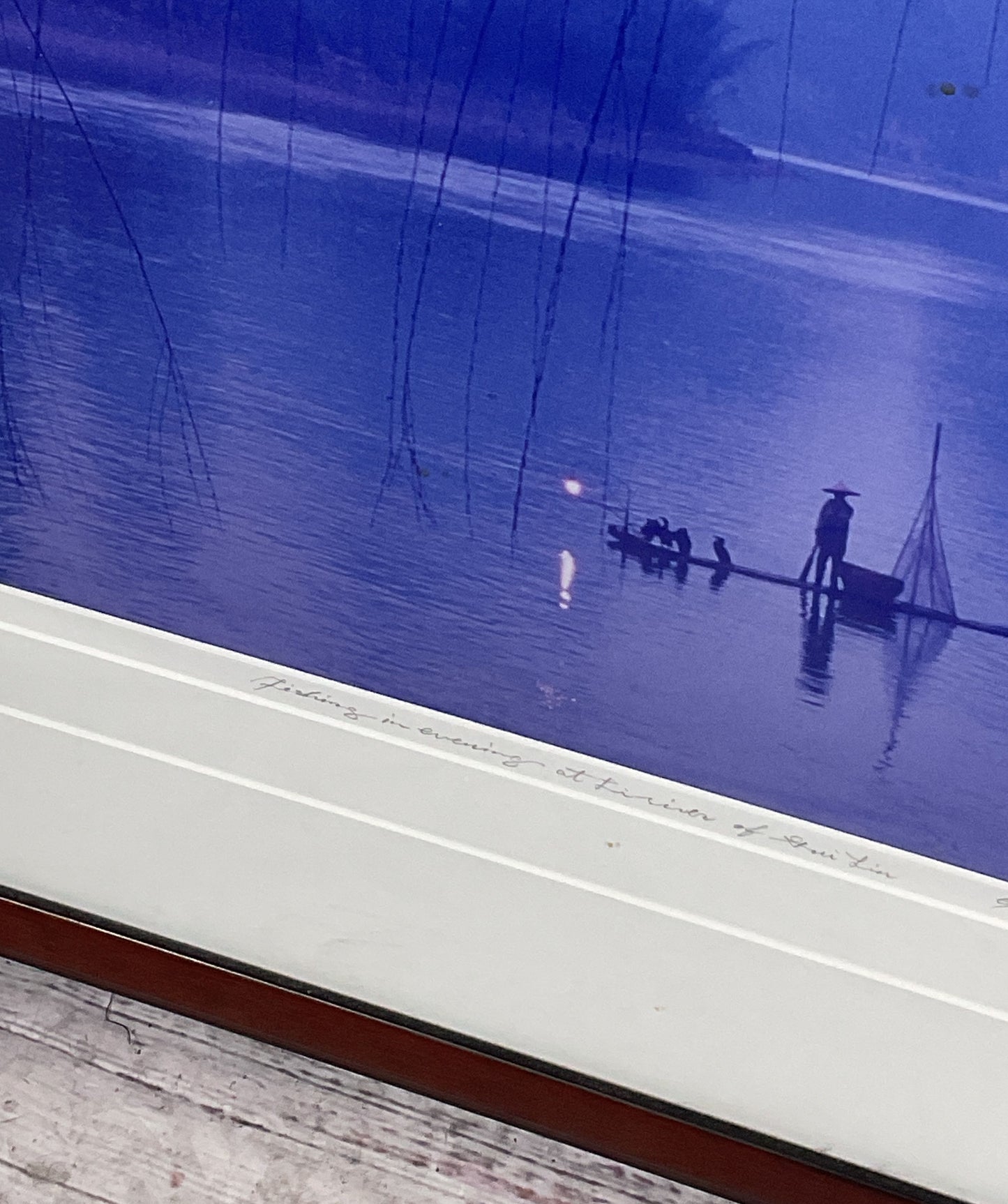 Fishing in the Evening at Li River of Gui Lin Signed by Guo Ji Liang Framed