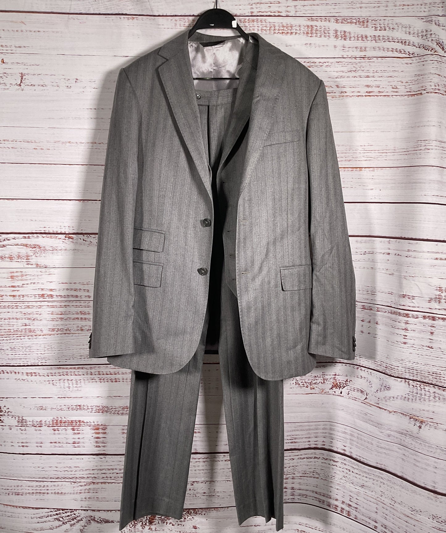 Banana Republic Pinstripe Wool 3 Piece Suit Gray 40L Blazer 33-34 Pants