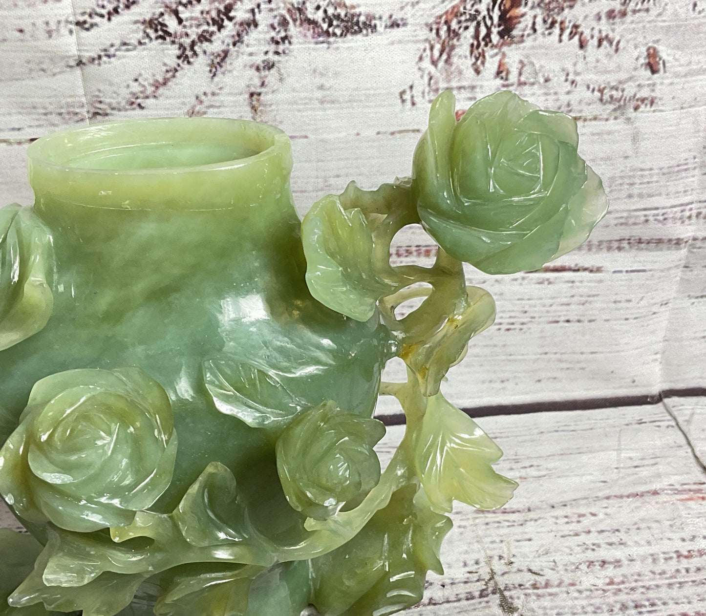 Vintage Chinese Rose Carved Natural Stone Jar Green