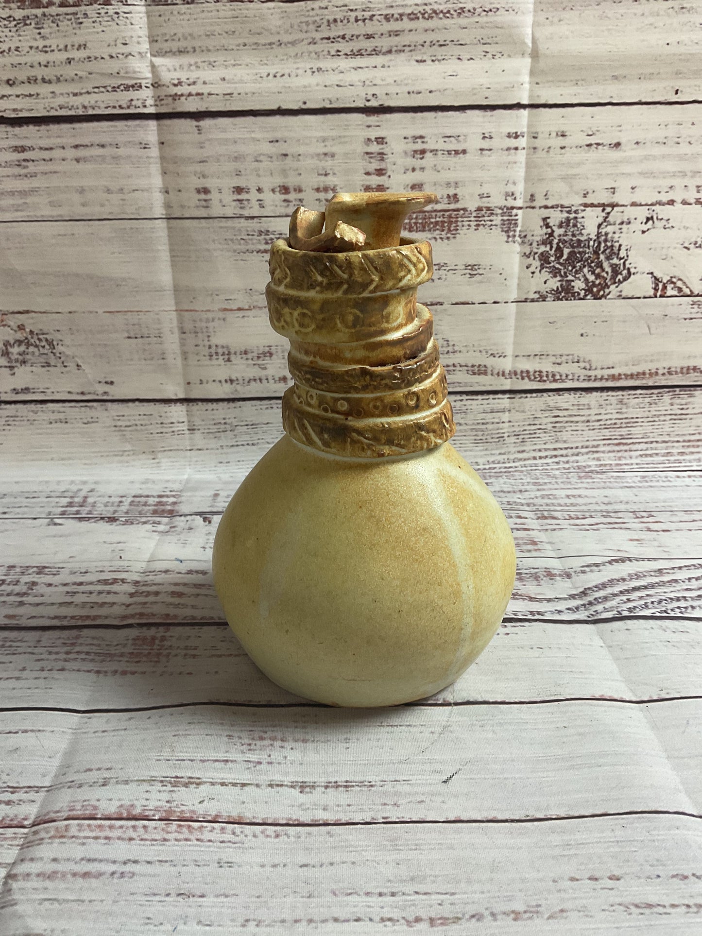Cream Banded Neck 'Mom' Vase Signed "Silvers"