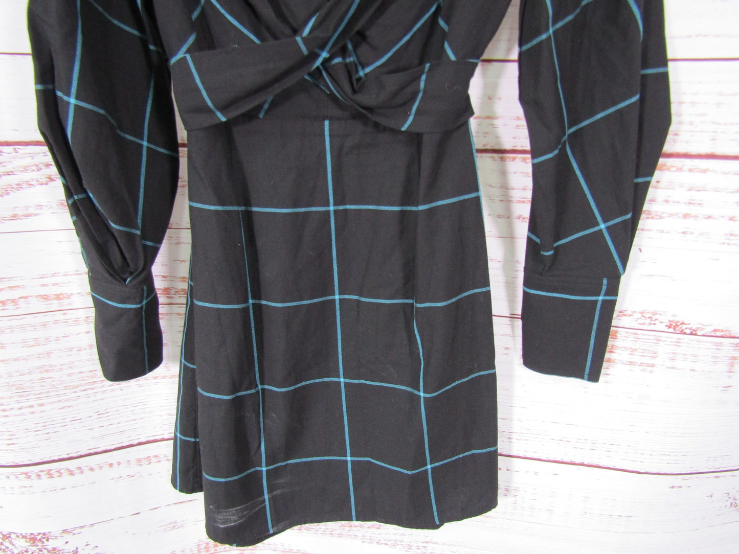 Staud Crosshill Women's Black Blue Checkered Long Sleeve Mini Dress Size XS