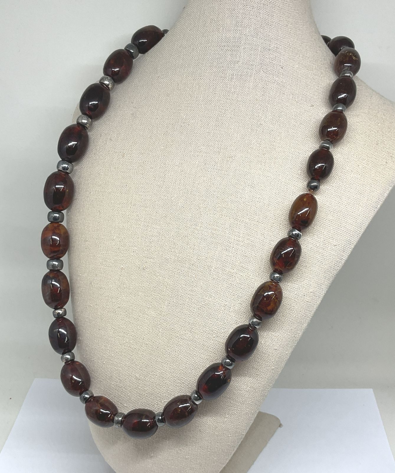 Amber & Silver Beads Vintage Necklace 27"