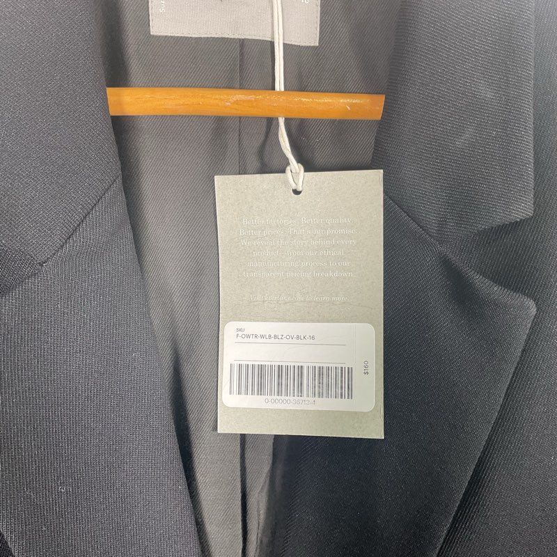 NWT Everlane Black Wool Blend Notch Lapel 2 Button Blazer Jacket - Size 16
