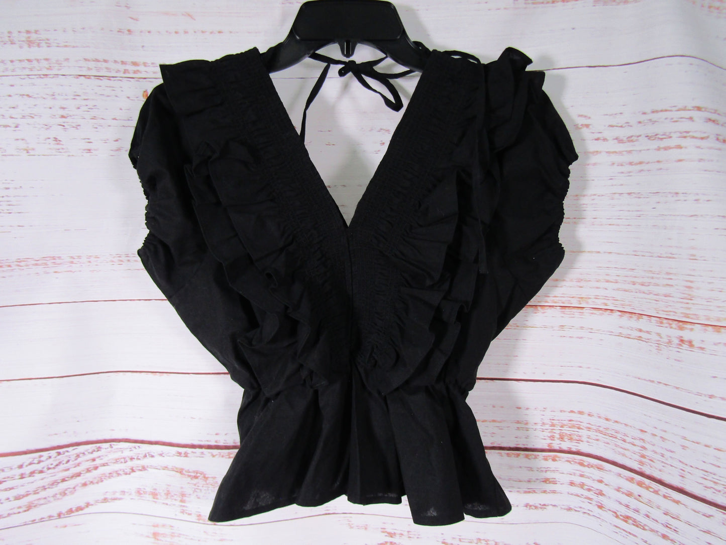 Moussy Women's Black Shirring Ruffle Peplum Blouse Size S