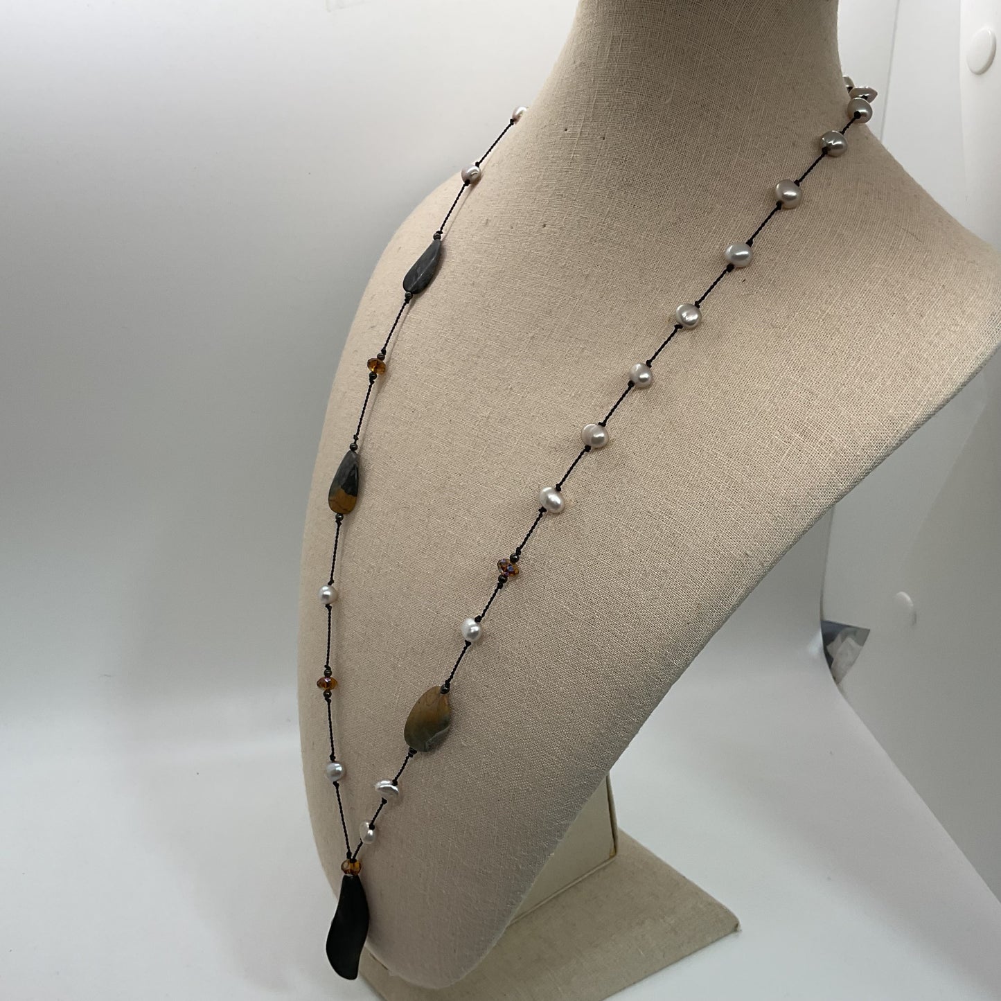 VTG. Sterling Silver Multi Gemstone & Pearl String Beaded Y-Necklace- 26"