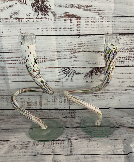 Michael Hudson Confetti Hand Blown Twisted Set of 2 Candlesticks Multicolor