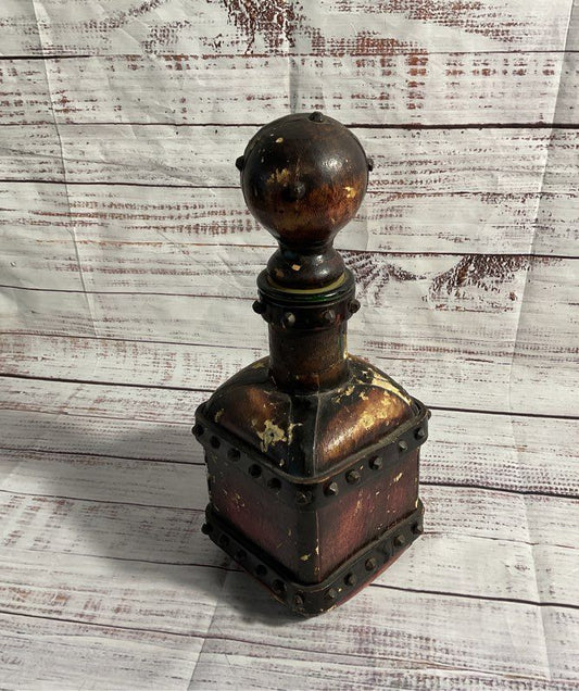 Decorative Display Leather Clad Drinks Decanter Bottle Made In Italy 11"
