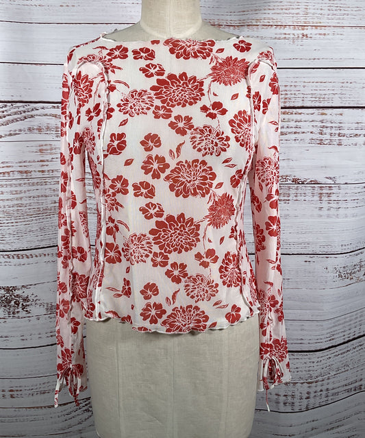 Mango Floral Print Long Sleeve Shirt Red White L