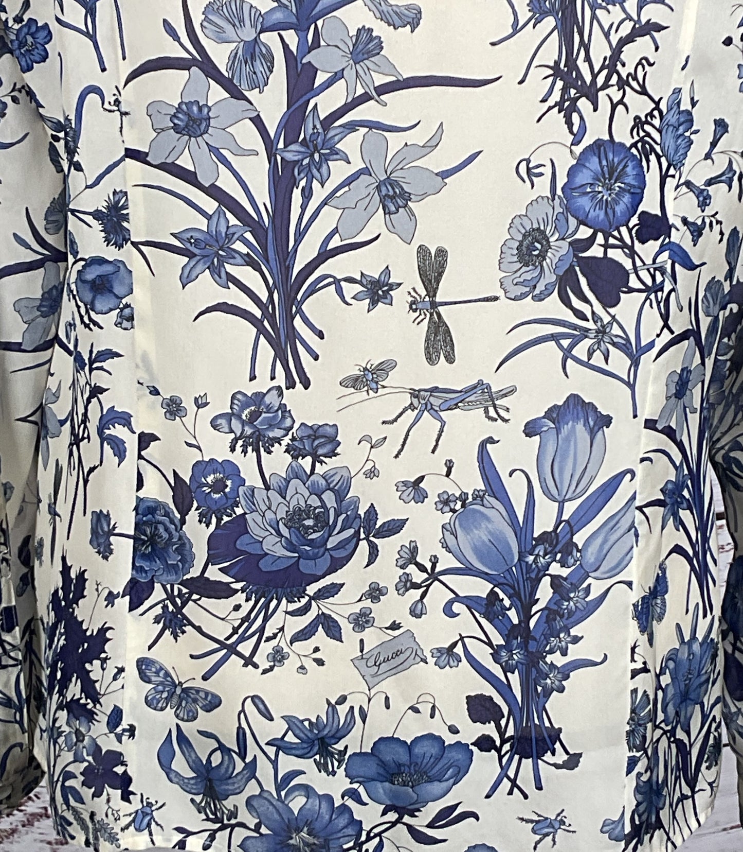 Gucci Silk Floral Lace Snap Button Long Sleeve Blouse Blue White 44