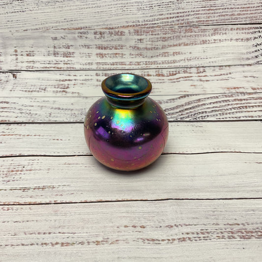 Kent Fiske Iridescent Rainbow Cobalt Blue Glass Round Mini Vase 3"