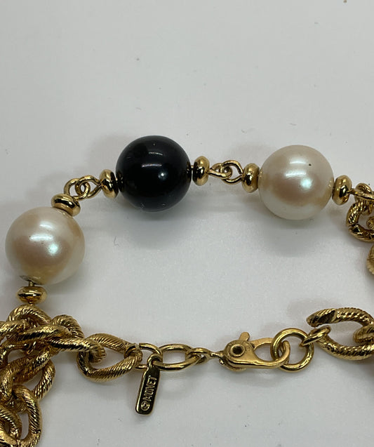 MONET White Black Faux Pearl Gold Tone Chain Bracelet- 7.75"
