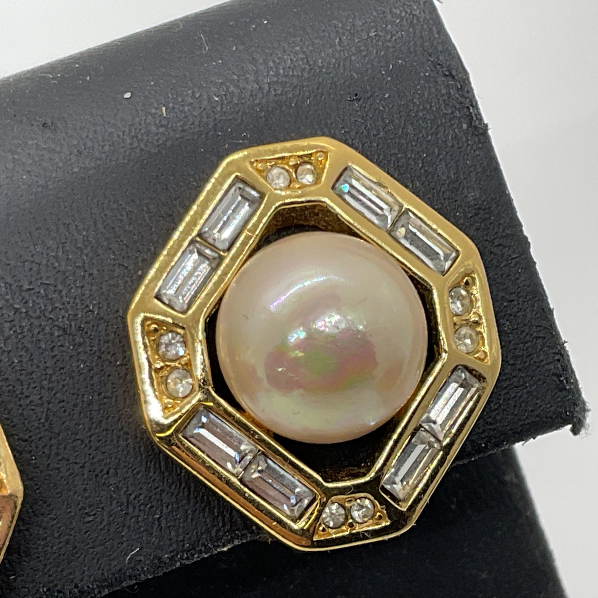 CHRISTIAN DIOR Gold Tone Faux Pearl Rhinestone 20mm Earrings- MISSING 1 STONE