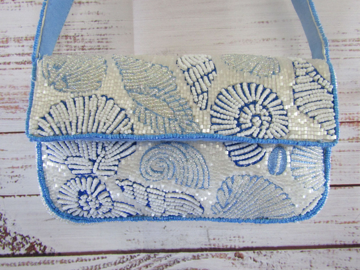 Anthropologie Fiona Icon Edition Women's Blue Beaded Clam Shells Shoulder Bag