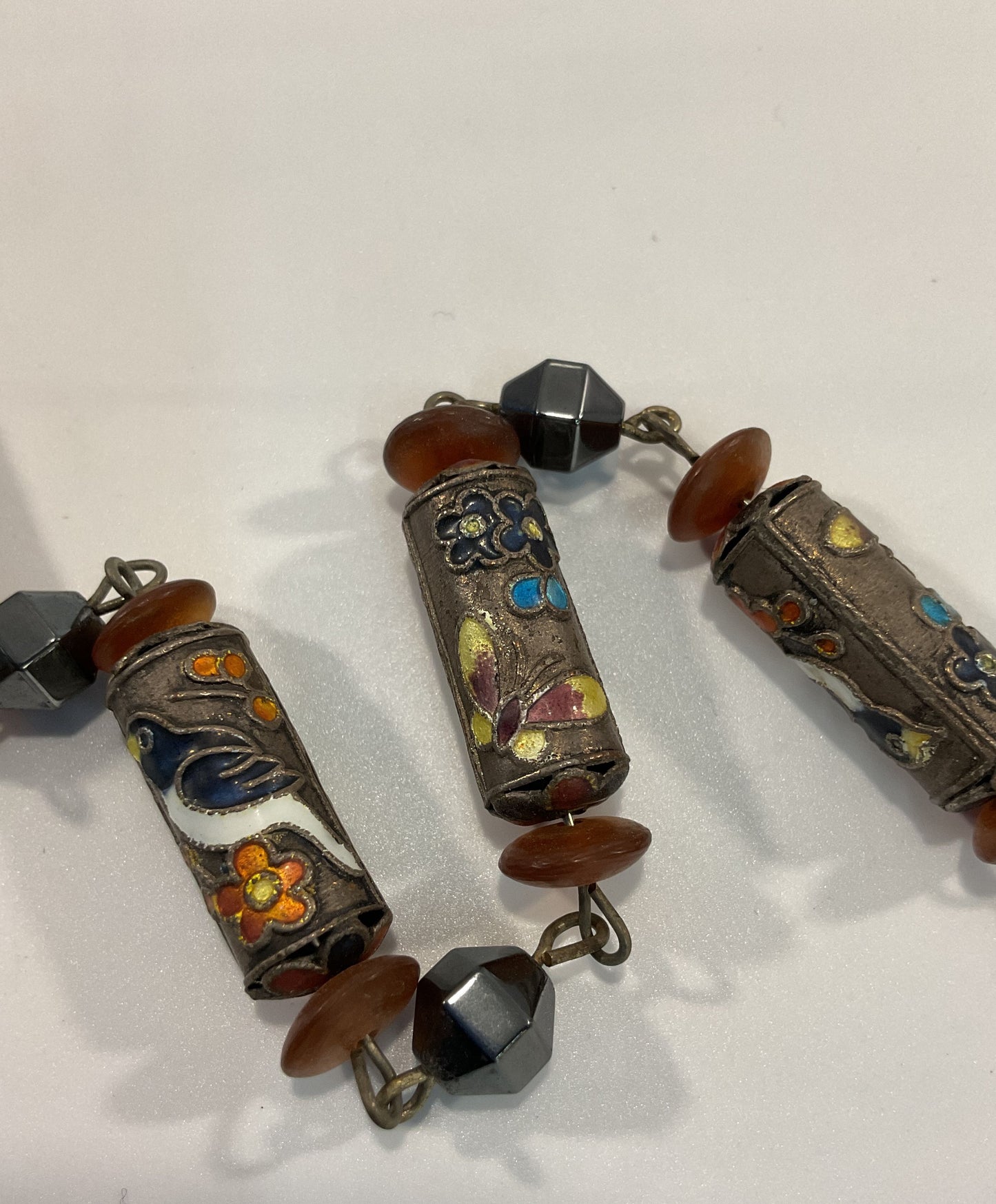 Vintage Handcrafted Floral Butterfly Bird Enamel Toggle Clasp Bracelet
