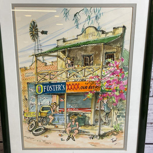 Signed VTG. Watercolor Cowboy Beer Artwork- FRAMED 18" X 14.5"