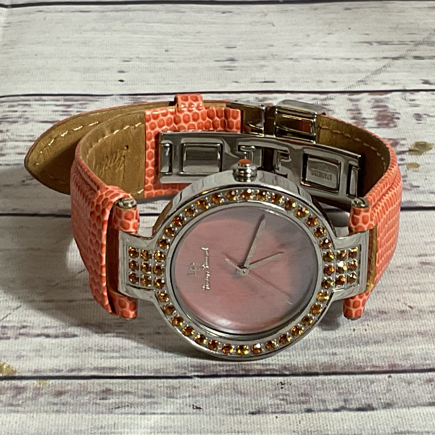 LUCIEN PICCARD Women's Stainless Steel Rhinestone Orange Leather Band Watch