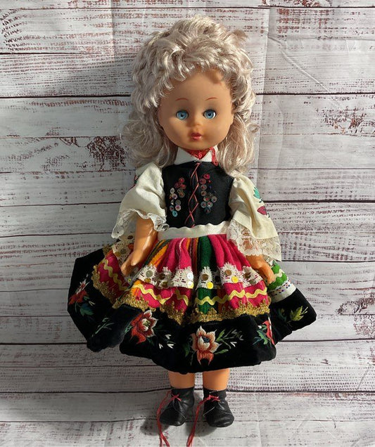 Vintage Polish Doll Colorful Embroidered Skirt And Top Blue Eyes 19"